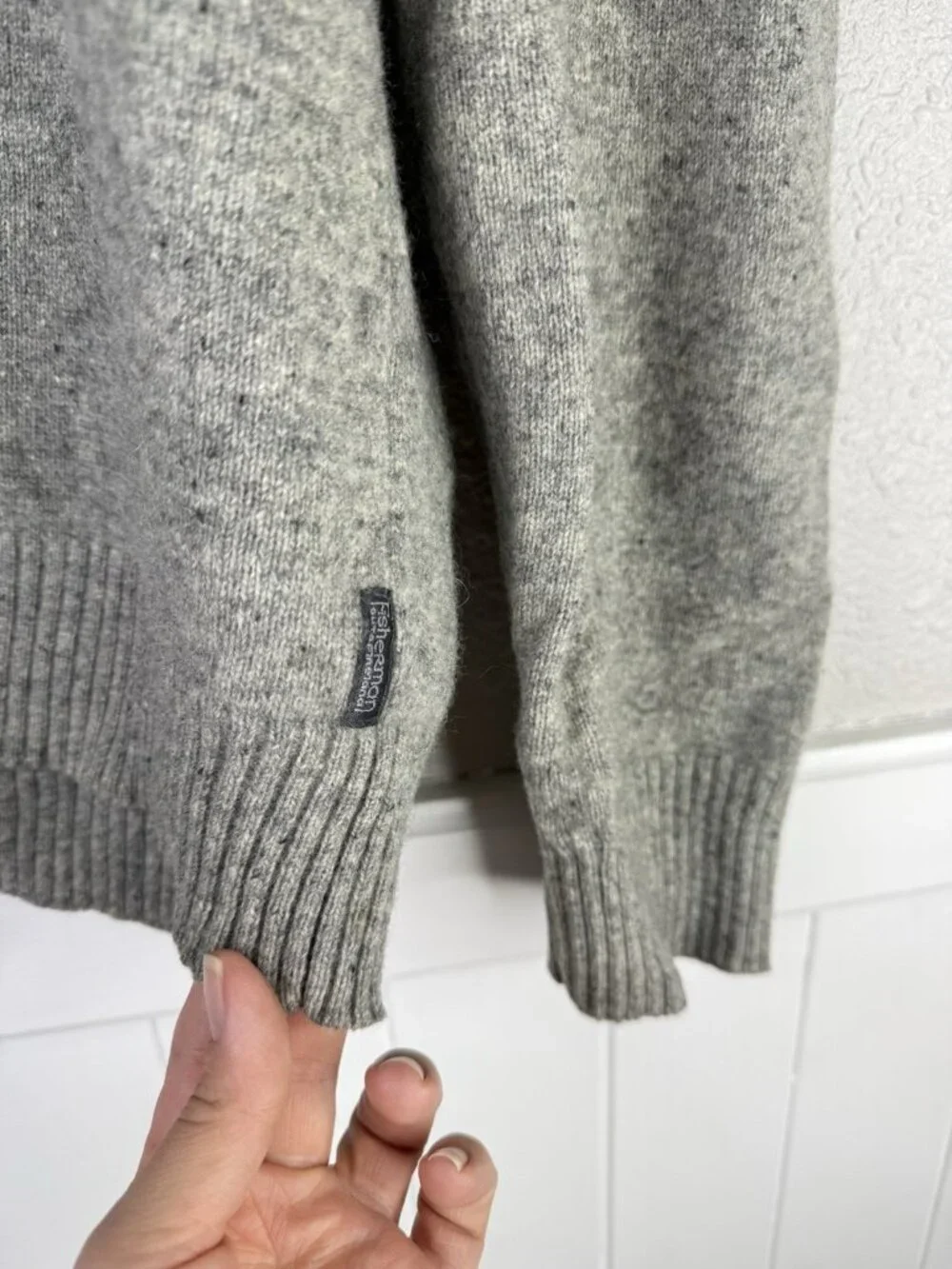 Fisherman Out Of Ireland Sweater Men XXL Gray Flecked Lambswool Knit Elbow Patch